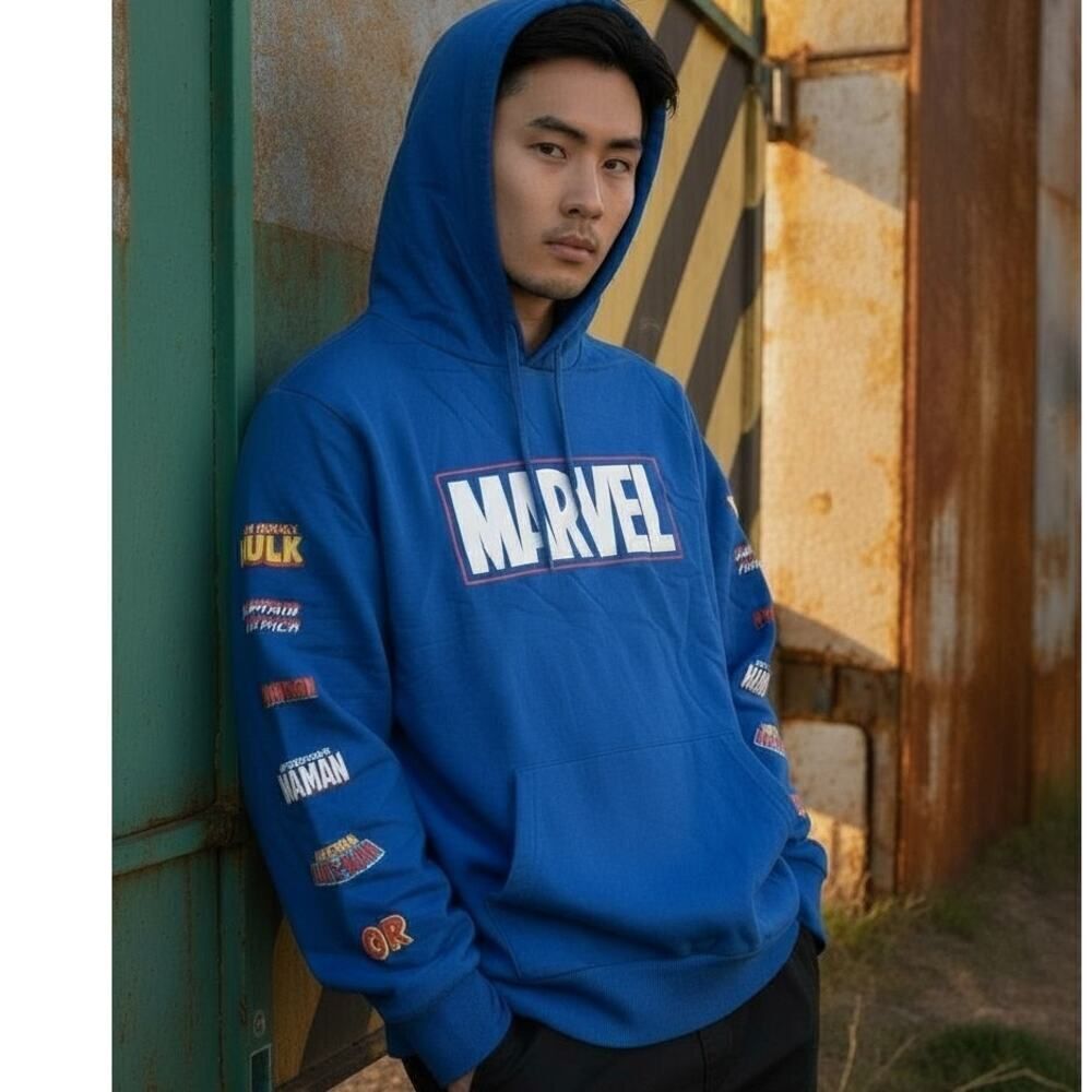 Marvel Mens Vintage Blue Hoodie with Sleeve Characters - Size: L